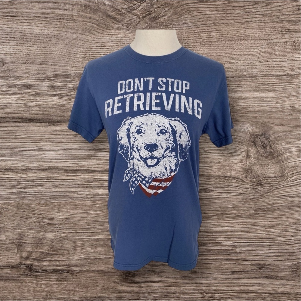 Golden Retriever Tee Shirt Adult Sz Large Blue Don't Stop Retrieving Dog Lover